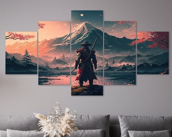 Standing Samurai Mountain Landscape 5 Piece Canvas Wall Art Framed Multi Panel Prints Modern Home Decor