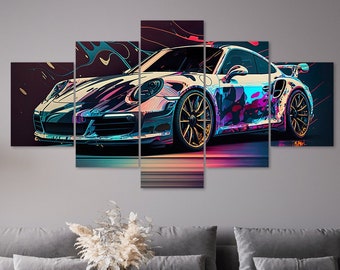 Porsche Sports Car 5 Piece Canvas Wall Art Framed Multi Panel Prints Abstract Painting Style Art Modern Home Decor