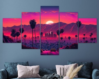 Los Angeles Synthwave Canvas Wall Art: Framed 5-Piece Sunset Cityscape