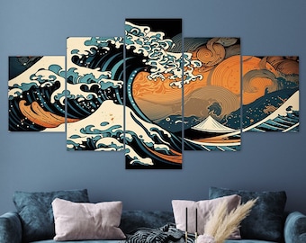 Great Wave Canvas Art | Abstract Japanese Style 5-Piece Wall Decor