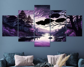 Dark Mysterious Forest River 5 Piece Canvas Wall Art Framed Multi Panel Prints Painting Style Art Modern Home Decor