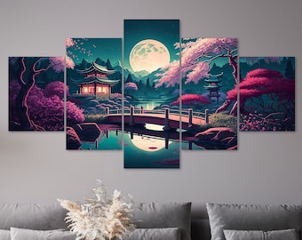 Japanese Cherry Blossom Canvas Wall Art, Full Moon Multi Panel Print