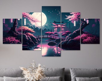 Fantasy Japanese Garden Cherry Blossoms Scenery 5 Piece Canvas Wall Art Framed Multi Panel Prints Painting Style Art Modern Home Decor