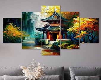 Chinese Temple Canvas Wall Art, Abstract Forest Scenery, 5 Panel Print