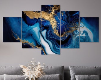 Blau Gold Marmor Luxus Abstrakte Muster 5 Stück Leinwand Wandkunst Gerahmt Multi Panel Drucke Moderne Wohnkultur
