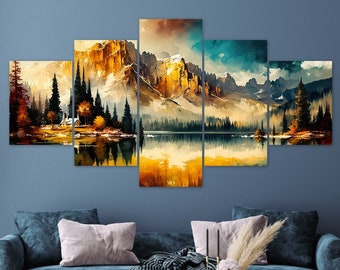 Dramatic Lake Mountains Landscape 5 Piece Canvas Wall Art Framed Multi Panel Prints Painting Style Art Modern Home Decor