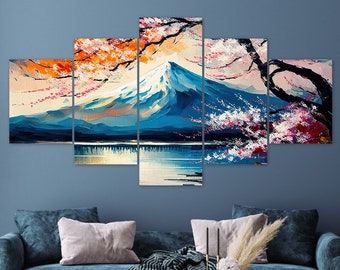 Mount Fuji Lake Kawaguchiko Cherry Blossom 5 Piece Canvas Wall Art Framed Multi Panel Prints Painting Style Art Modern Home Decor
