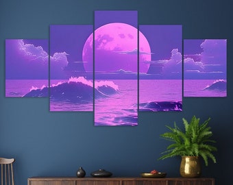 Purple Wave Full Moon Japanese Art Style 5 Piece Canvas Wall Art Framed Multi Panel Prints Modern Home Decor