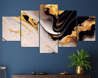 3 Piece Black Gold Marble Patterns Canvas Wall Art Framed Multi Panel ...