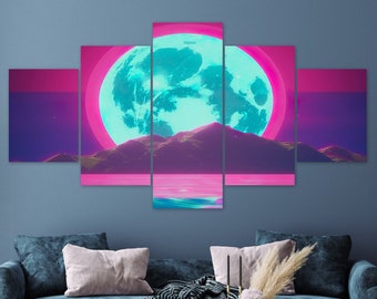 Vaporwave Full Moon Mountain Landscape 5 Piece Canvas Wall Art Framed Multi Panel Prints Outrun Synthwave Style Art Modern Home Decor