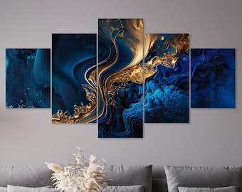 Blau Gold Abstrakt Fluid Smoke Muster 5 Stück Leinwand Wandkunst Gerahmt Multi Panel Drucke Luxus Moderne Wohnkultur