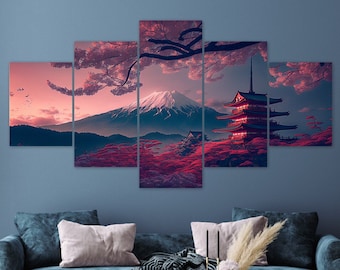 Mount Fuji Cherry Blossom Pink Sky 5 Piece Canvas Wall Art Framed Multi Panel Prints Painting Style Art Modern Home Decor