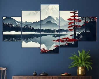 Red Tree Winter Lake Mountain Landscape 5 Piece Canvas Wall Art Framed Multi Panel Prints Japanese Style Art Home Decor