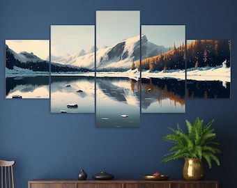 Winter Lake Mountain Canvas Art, 5-Piece Multi Panel Print