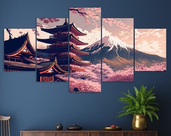 Mount Fuji Sakura Trees 5 Piece Canvas Wall Art Framed Multi Panel Prints Painting Style Japanese Scenery Art Modern Home Decor