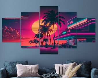 Neon Boardwalk Florida Miami Synthwave Sunset 5 Piece Canvas Wall Art Framed Multi Panel Prints Retro Art Home Decor