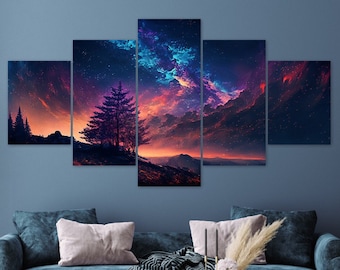 Galaxy Night Starry Sky Landscape 5 Piece Canvas Vaporwave Art Multi Panel Wall Prints Modern Home Decor