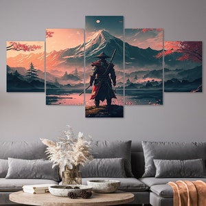 Standing Samurai Mountain Landscape 5 Piece Canvas Wall Art Framed Multi Panel Prints Modern Home Decor