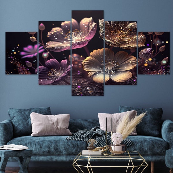 Beautiful Fantasy Flowers 5 Piece Canvas Wall Art Framed Multi Panel Prints Modern Home Decor