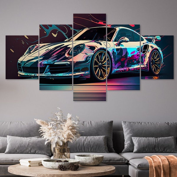 Porsche Sports Car 5 Piece Canvas Wall Art Framed Multi Panel Prints Abstract Painting Style Art Modern Home Decor