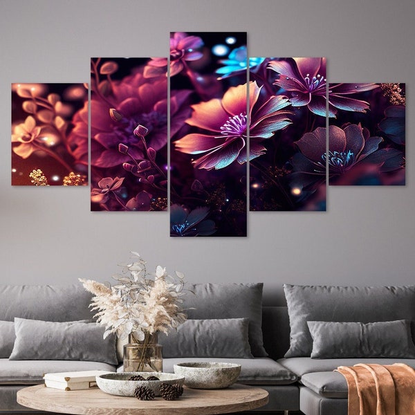 Red Fantasy Flowers 5 Piece Canvas Wall Art Framed Multi Panel Prints Painting Style Art Home Decor