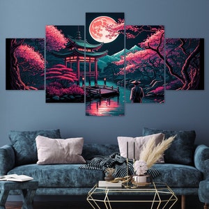 Japanese Garden Cherry Blossoms Full Moon 5 Piece Canvas