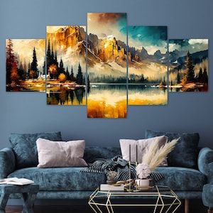 May include: A five-piece canvas print set depicting a mountain lake scene. The print features a lake reflecting the surrounding mountains, trees, and a cloudy sky. The colours are predominantly blue, green, and brown.