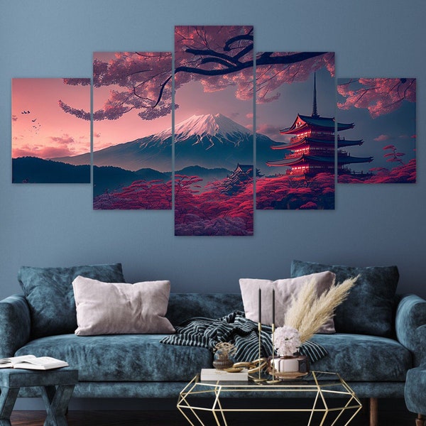 Monte Fuji flor de cerezo cielo rosa 5 piezas lienzo arte de pared enmarcado impresiones de múltiples paneles estilo de pintura arte decoración moderna para el hogar