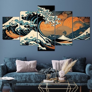 Abstract Great Wave Japanese Art Style 5 Piece Canvas Wall Art Framed Multi Panel Prints Modern Home Decor