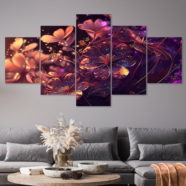 Red Fantasy Flowers 5 Piece Canvas Wall Art Framed Multi Panel Prints Painting Style Art Home Decor