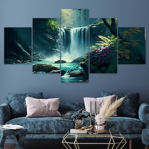 Wild Forest Waterfall 5 Piece Canvas Wall Art Framed Multi Panel Prints Modern Home Decor