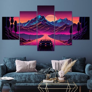 Vaporwave Car Mountain Road Scene 5 Piece Canvas Wall Art Framed Multi Panel Prints Synthwave Painting Style Art Home Decor