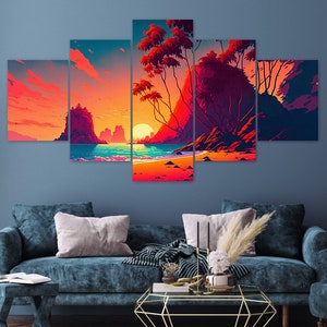 Tropical Beach Islands Sunset View 5 Piece Canvas Wall Art Framed Multi Panel Prints Abstract Fantasy Art Modern Home Decor