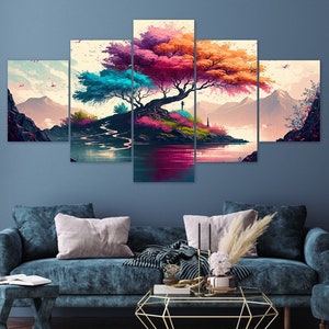 Colourful Fantasy Tree 5 Piece Canvas Wall Art Framed Multi Panel Prints Abstract Painting Style Art Modern Home Decor