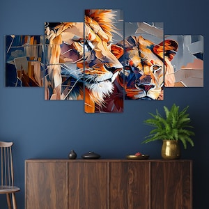 Abstract Lion Couple 5 Piece Canvas Wall Art Framed Multi Panel Prints Painting Style Modern Home Decor