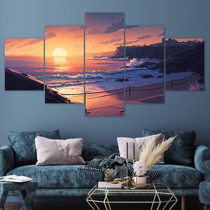 Sun Over Horizon Coastal Beach Scenery 5 Piece Canvas Wall Art Framed Multi Panel Prints Painting Style Art Modern Home Decor