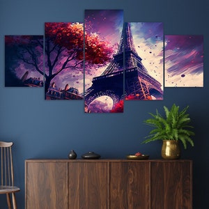 Red Leaves Tree Eiffel Tower Purple Scenery 5 Piece Canvas Wall Art Framed Multi Panel Prints Abstract Art Modern Home Decor