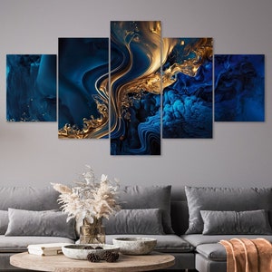 Blue Gold Abstract Fluid Smoke Patterns 5 Piece Canvas Wall Art Framed Multi Panel Prints Luxury Modern Home Decor
