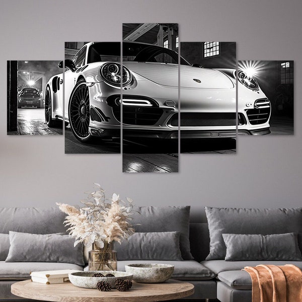 White Porsche Inside Garage 5 Piece Canvas Wall Art Framed Multi Panel Prints Modern Home Decor