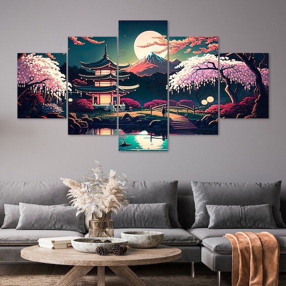 Fantasy Japanese Garden 5 Piece Canvas Wall Art Framed Multi Panel
