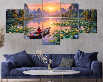 Lotus Pond Rowing Boat Sunset Lily Pads Mountains 5 Piece Canvas Wall Art Framed Multi Panel Prints Painting Style Art Home Decor