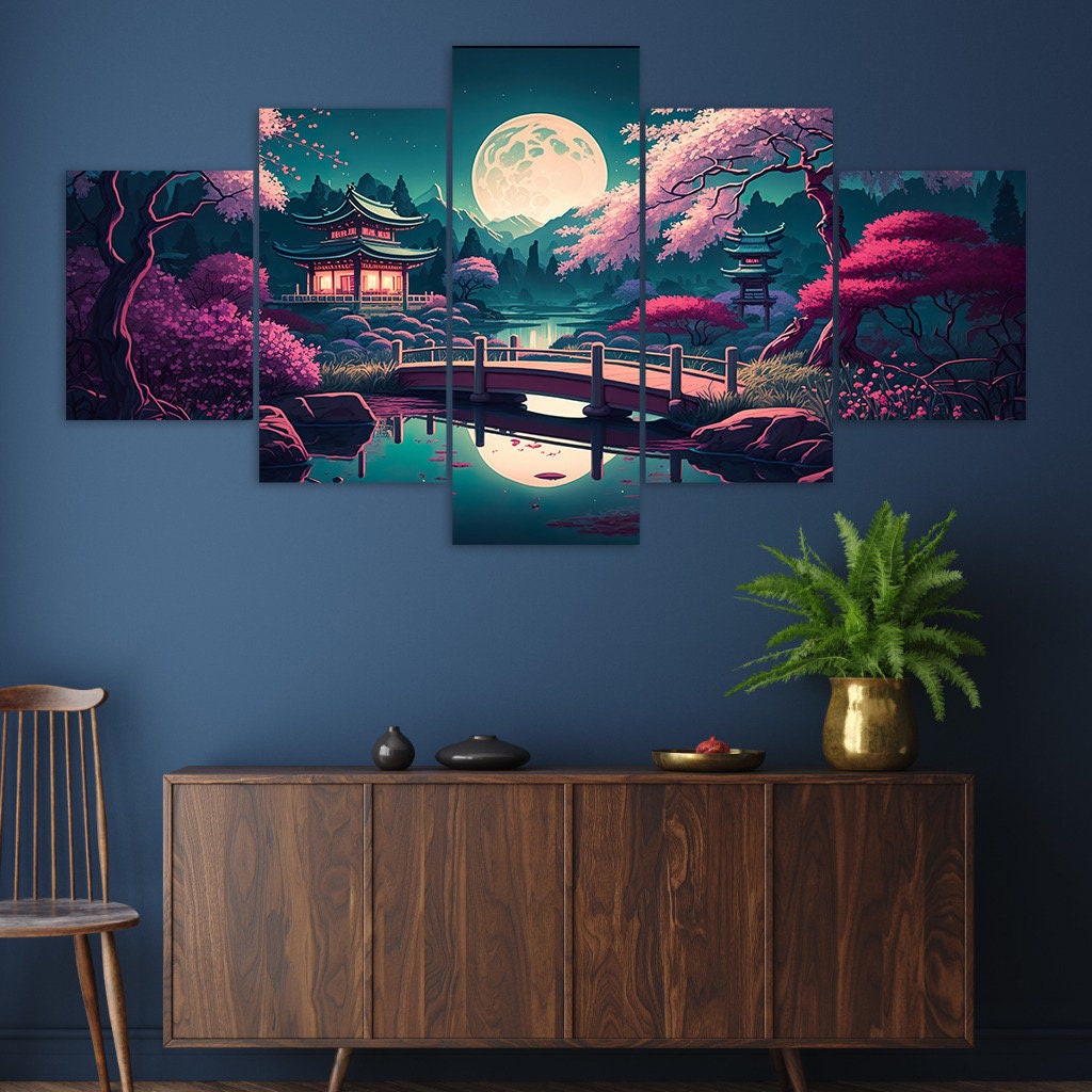 Japanese Garden Cherry Blossoms Full Moon 5 Piece Canvas Wall Etsy