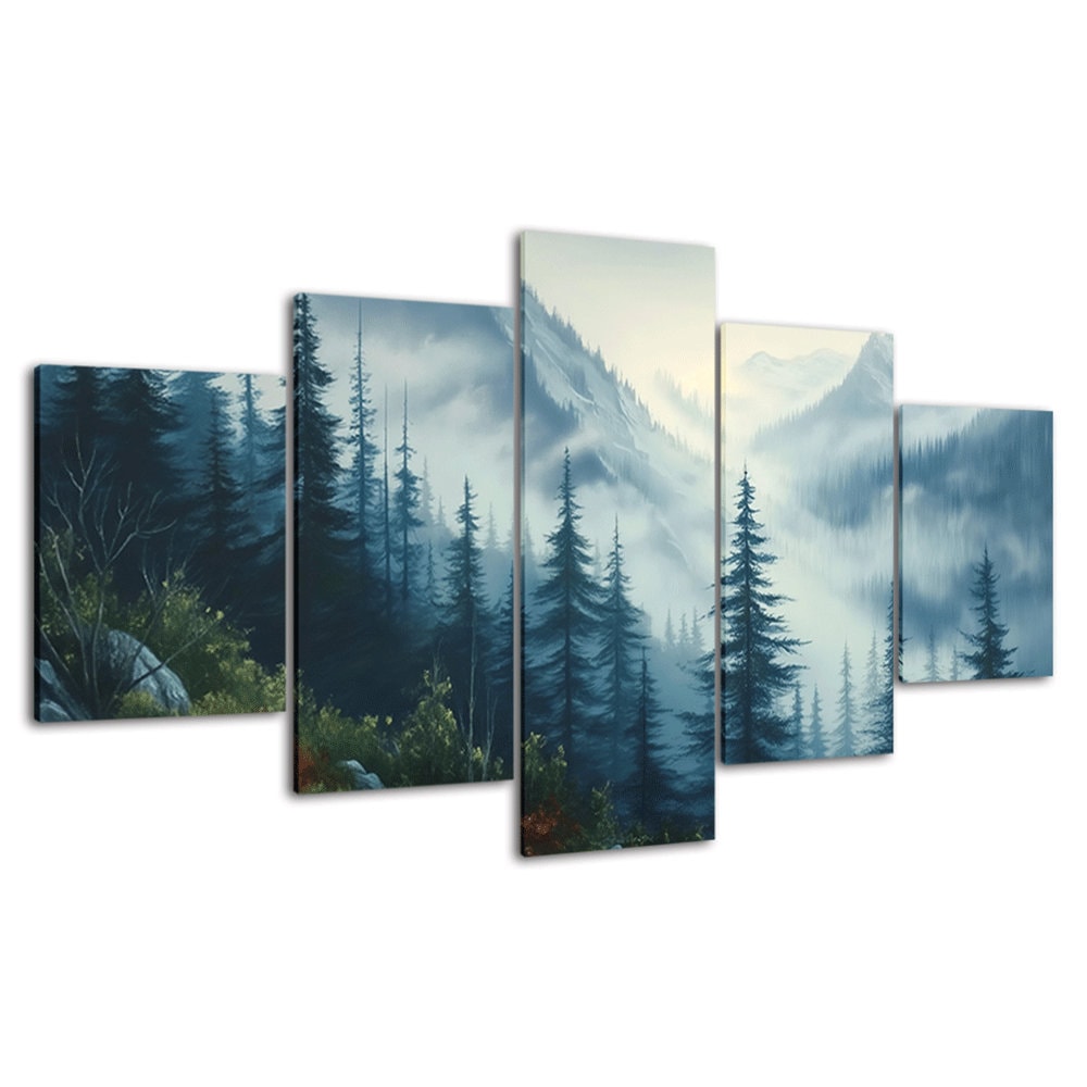 Misty Mountain Forest Canvas Wall Art, 5 Piece Multi Panel Print - Etsy