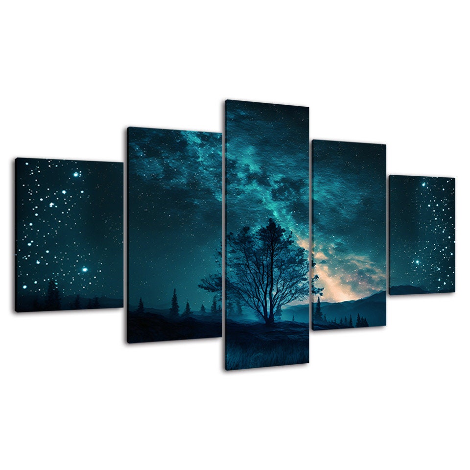 Starry Night Sky Tree Landscape 5 Piece Canvas Wall Art Framed Etsy