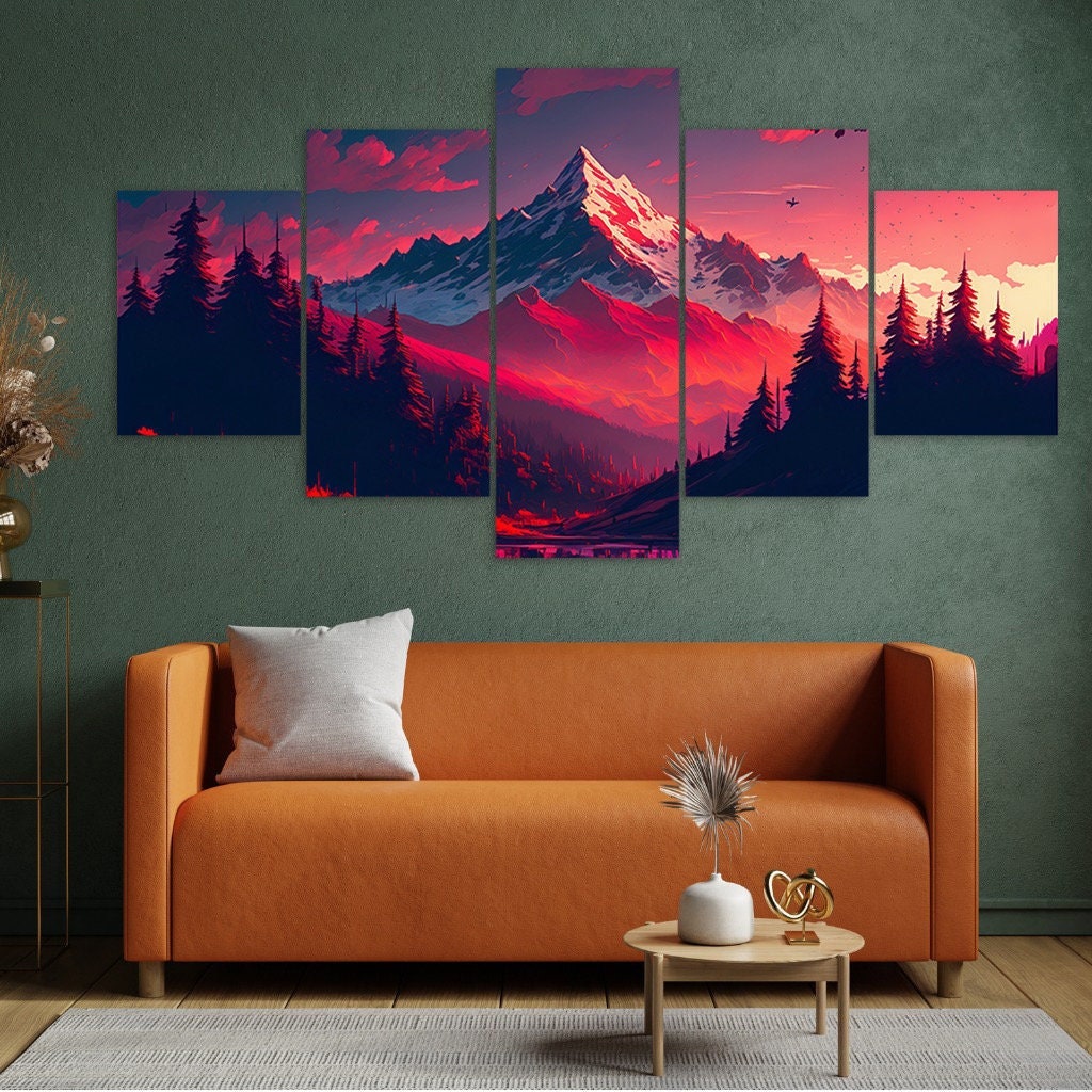 Red Sky Forest Majestic Mountains 5 Piece Canvas Wall Art