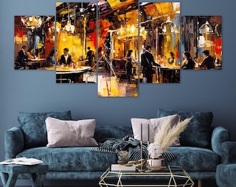 Dinner Party Bistro Golden Lamps Silhouettes 5 Piece Canvas Wall Art Framed Multi Panel Prints Palette Knife Style Art Home Decor
