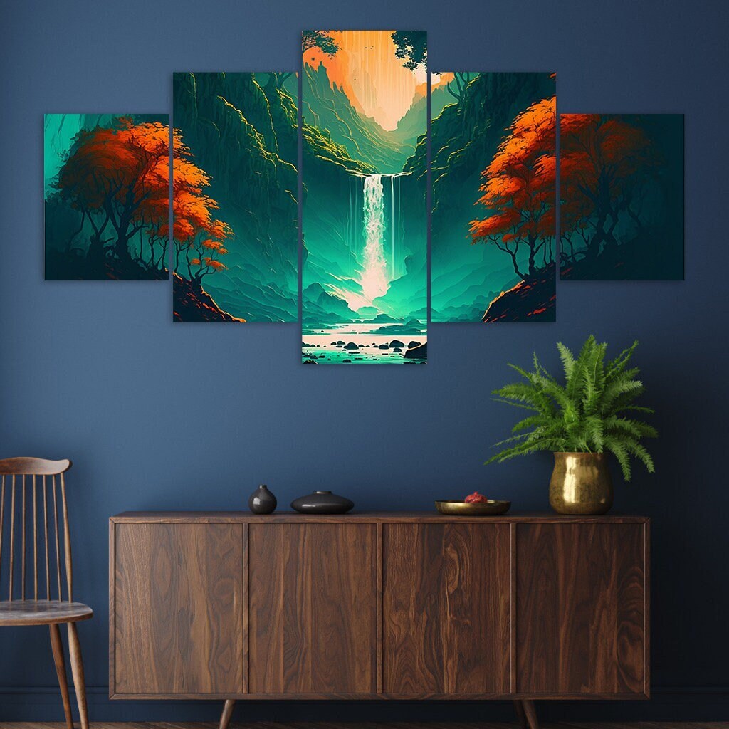 Fantasy Waterfall Forest Canvas Wall Art, 5 Panel Modern Print - Etsy