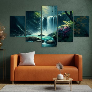 Wild Forest Waterfall 5 Piece Canvas Wall Art Framed Multi Panel Prints ...