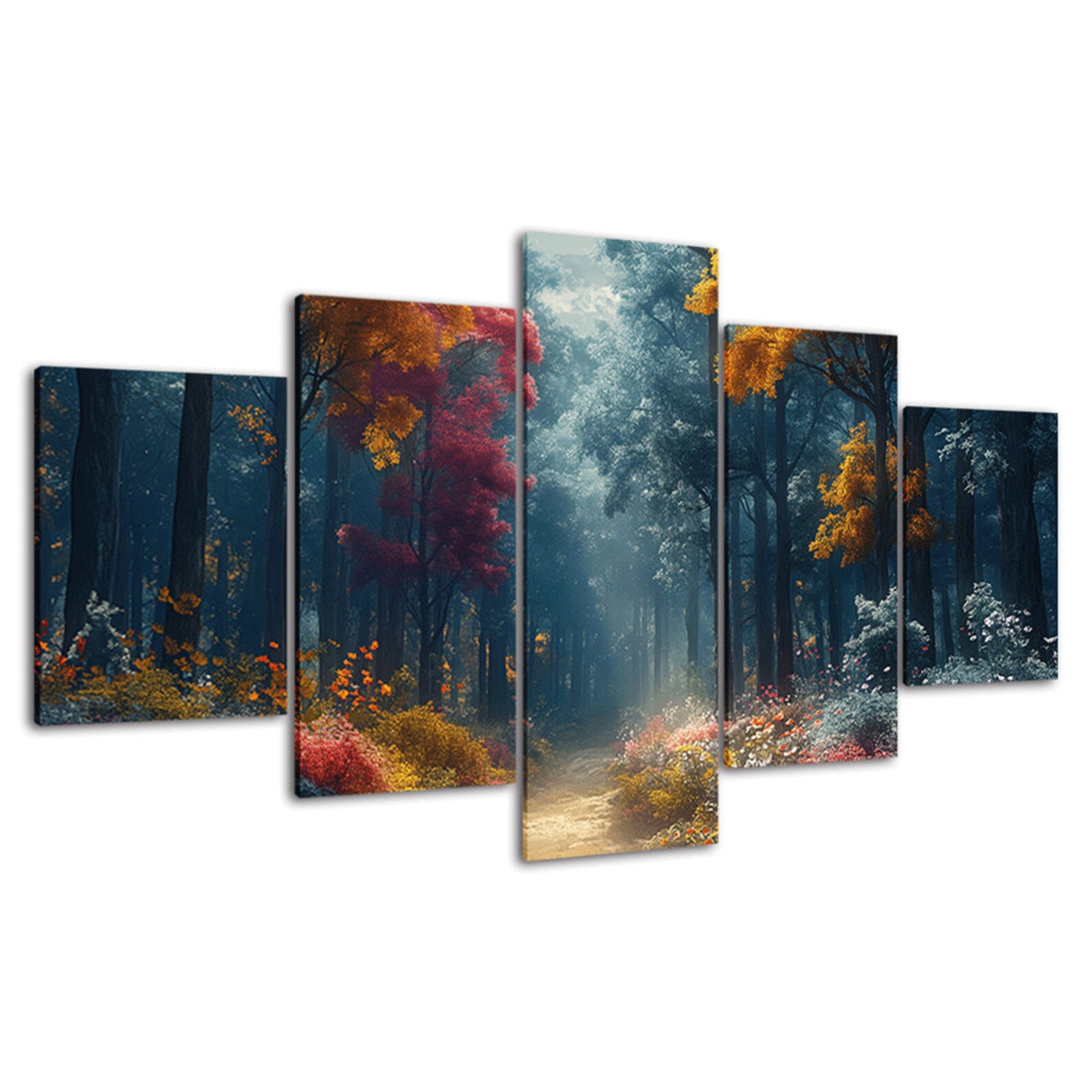 Colorful Forest Pathway Sun Ray Scenery 5 Piece Canvas Wall Art Framed ...