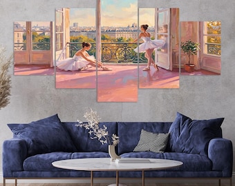 Ballerinas Stretching Paris Balcony Ornate Railing 5 Piece Canvas Wall Art Framed Multi Panel Prints Oil Painting Style Art Home Decor
